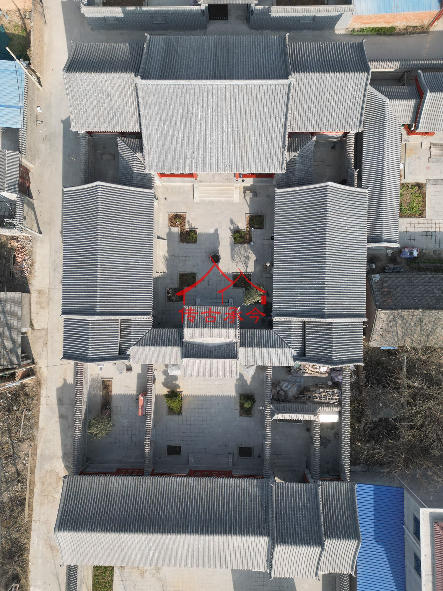 多進式中式合院航拍、傳統(tǒng)四合院鳥瞰圖、新中式圍合宅院