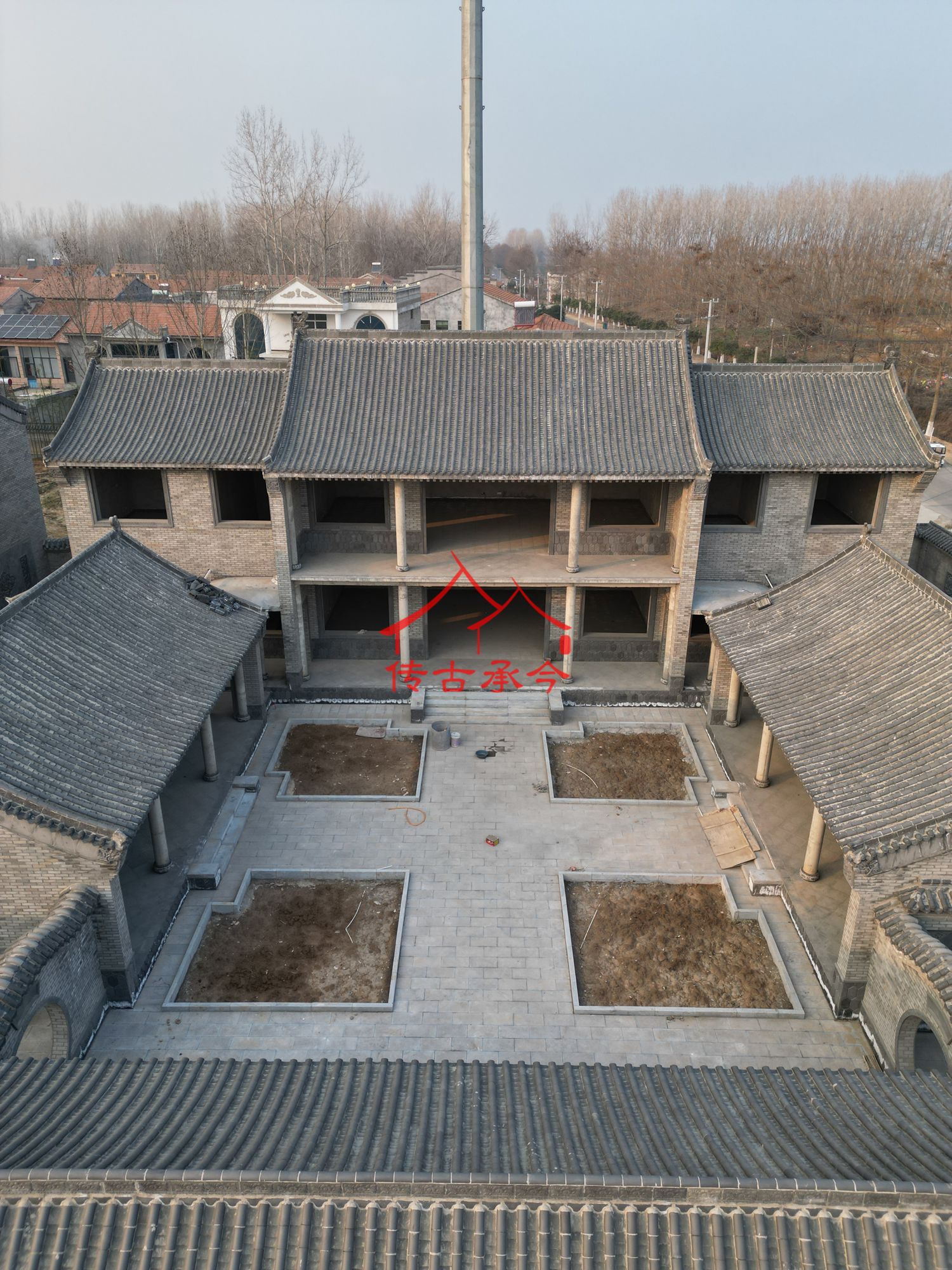 鄉(xiāng)村自建房合院圖紙、中式合院效果圖、在建中式合院航拍