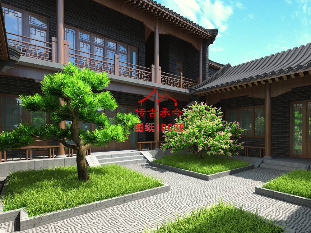 中式三合院庭院景觀效果圖