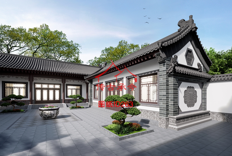 四合院院內(nèi)景觀影壁墻效果圖