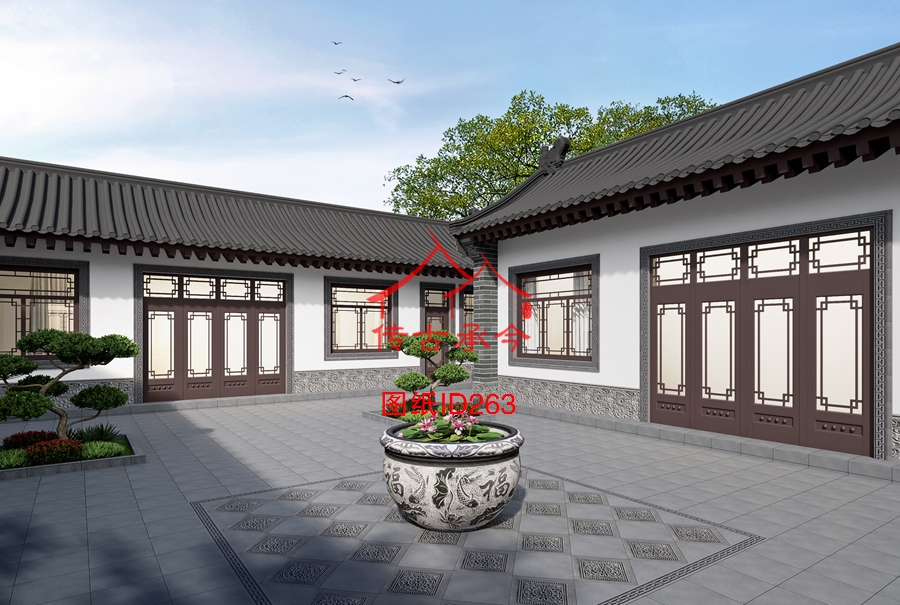 景觀仿古建筑鋪裝水缸效果圖