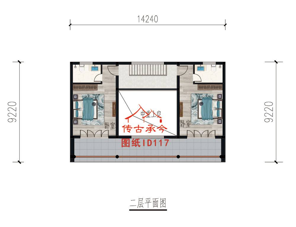 三開間二層挑空 合院平面圖