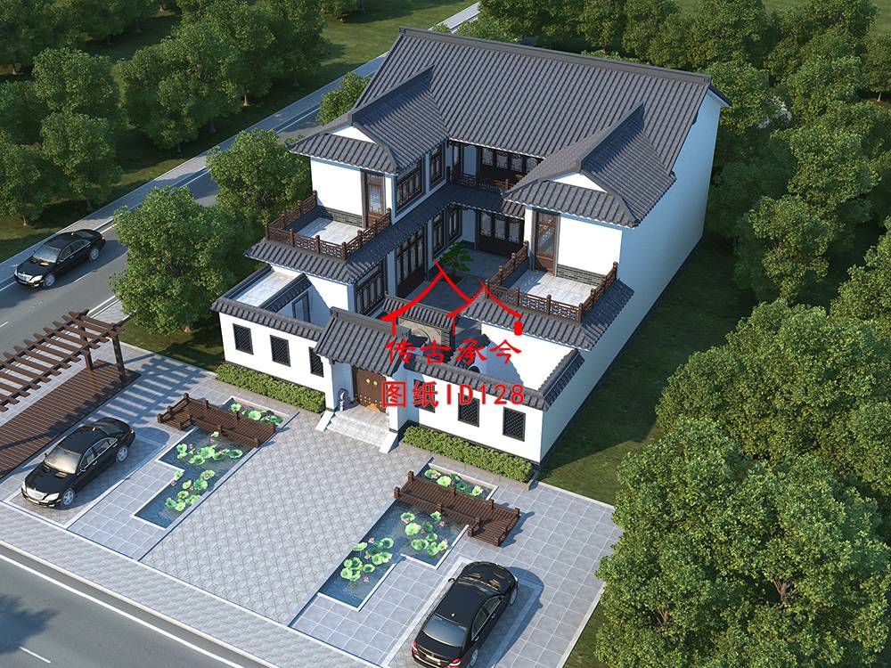 帶露臺(tái)新中式合院鳥(niǎo)瞰圖