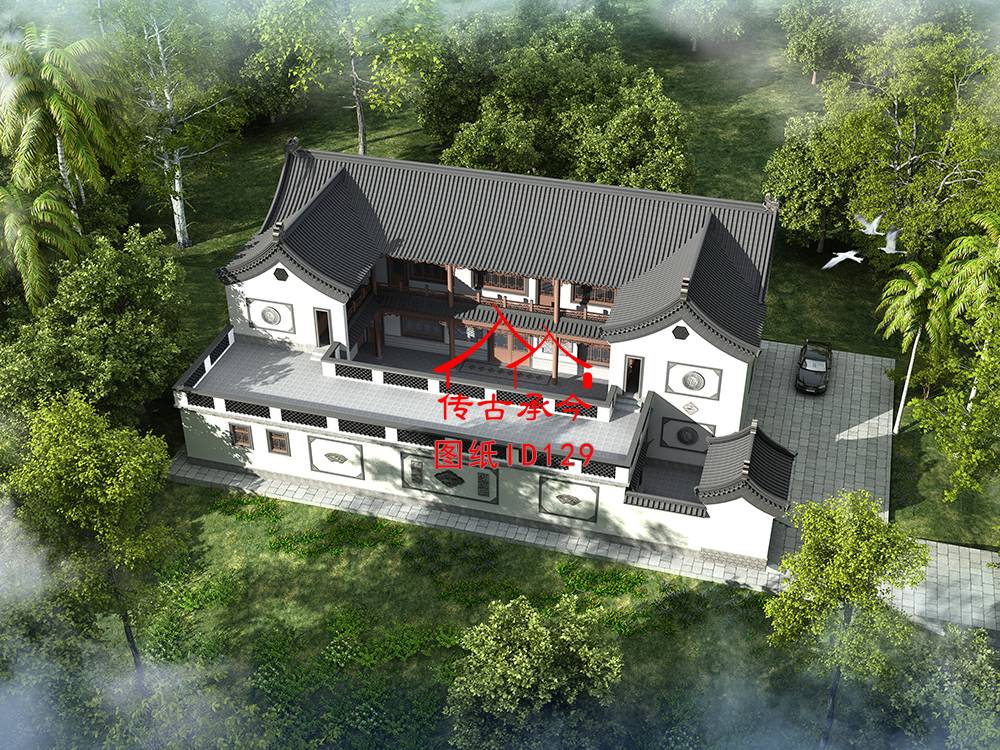 新中式帶露臺合院鳥瞰效果圖