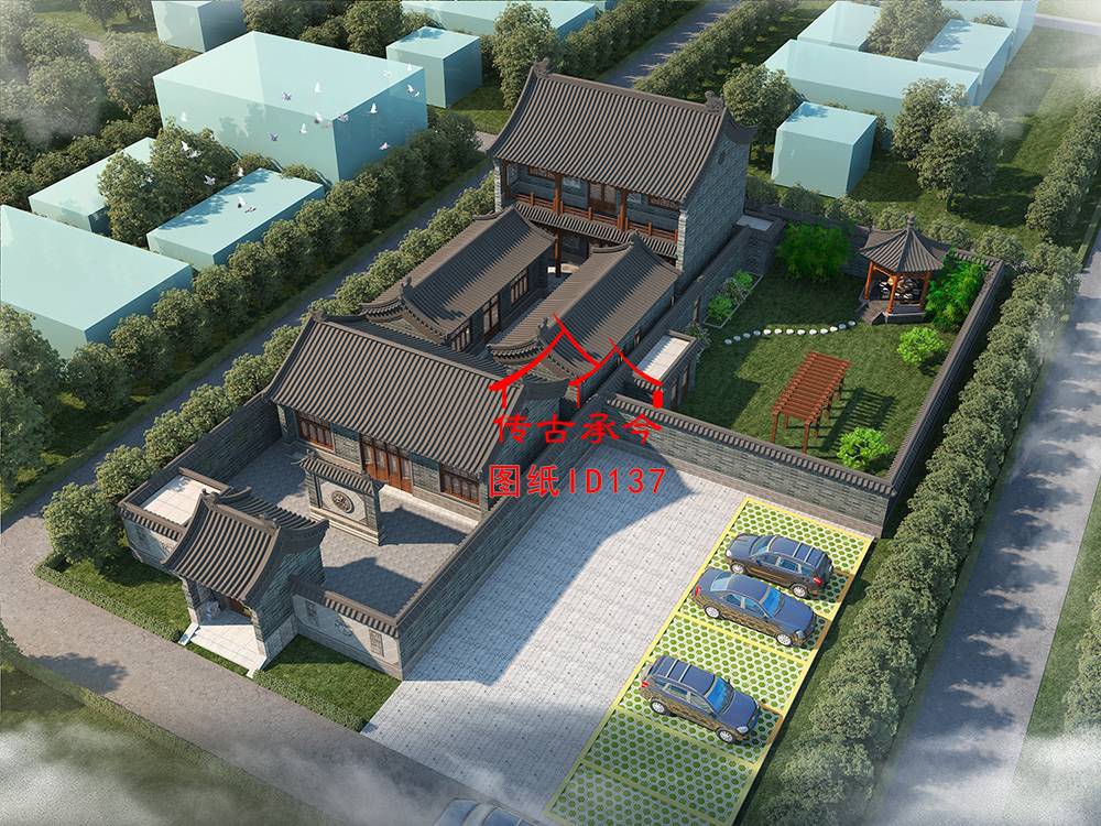 二層二進(jìn)四合院鳥瞰圖