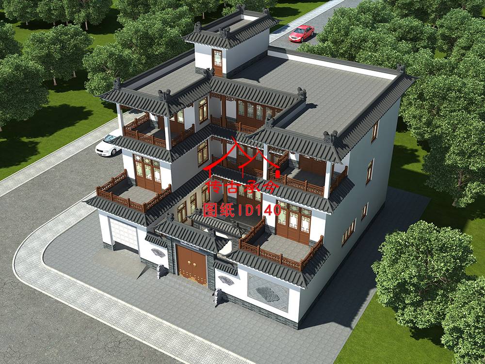 白墻三層小型合院鳥瞰圖