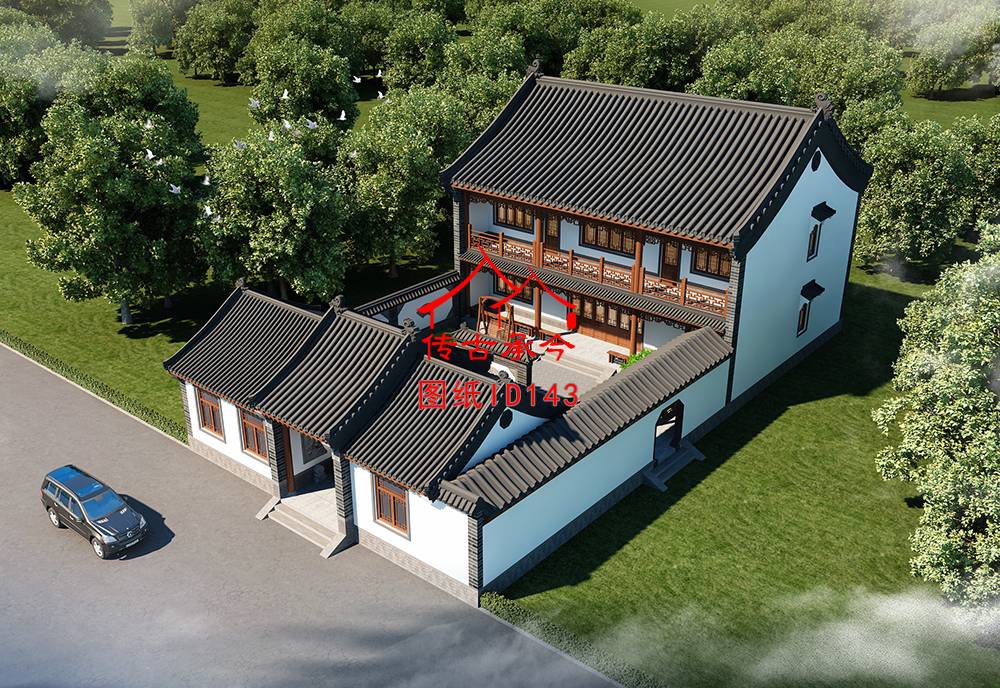 二層白墻青磚柱合院鳥瞰圖