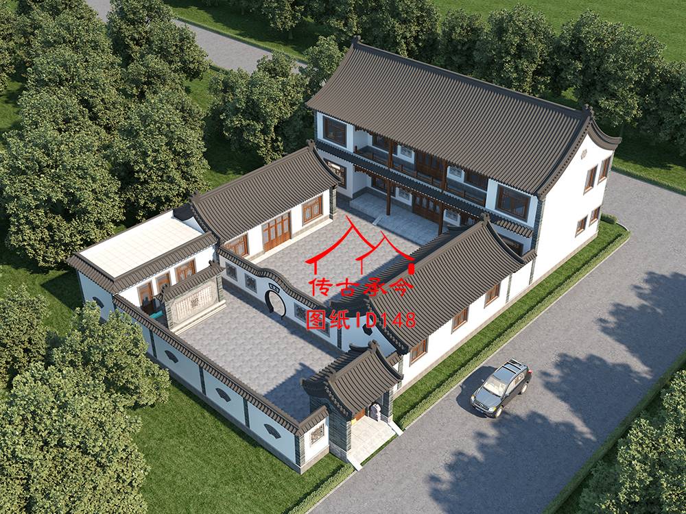 白墻青磚柱二進(jìn)三合院鳥瞰圖