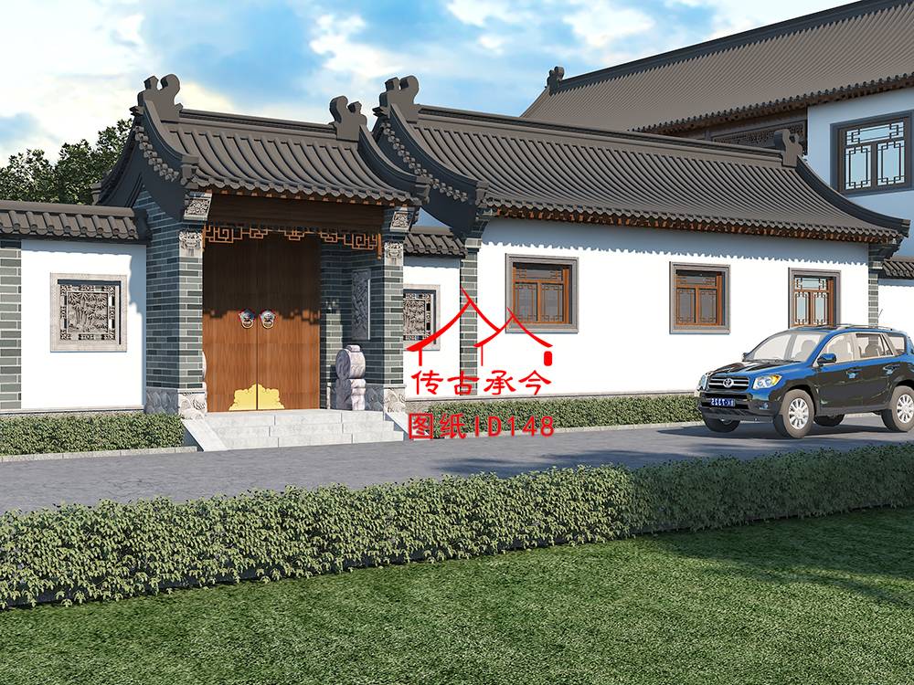 白墻青磚柱二進(jìn)三合院效果圖