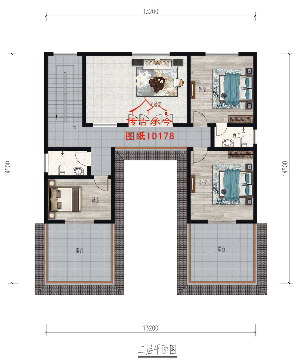 白墻二層小型三合院平面圖