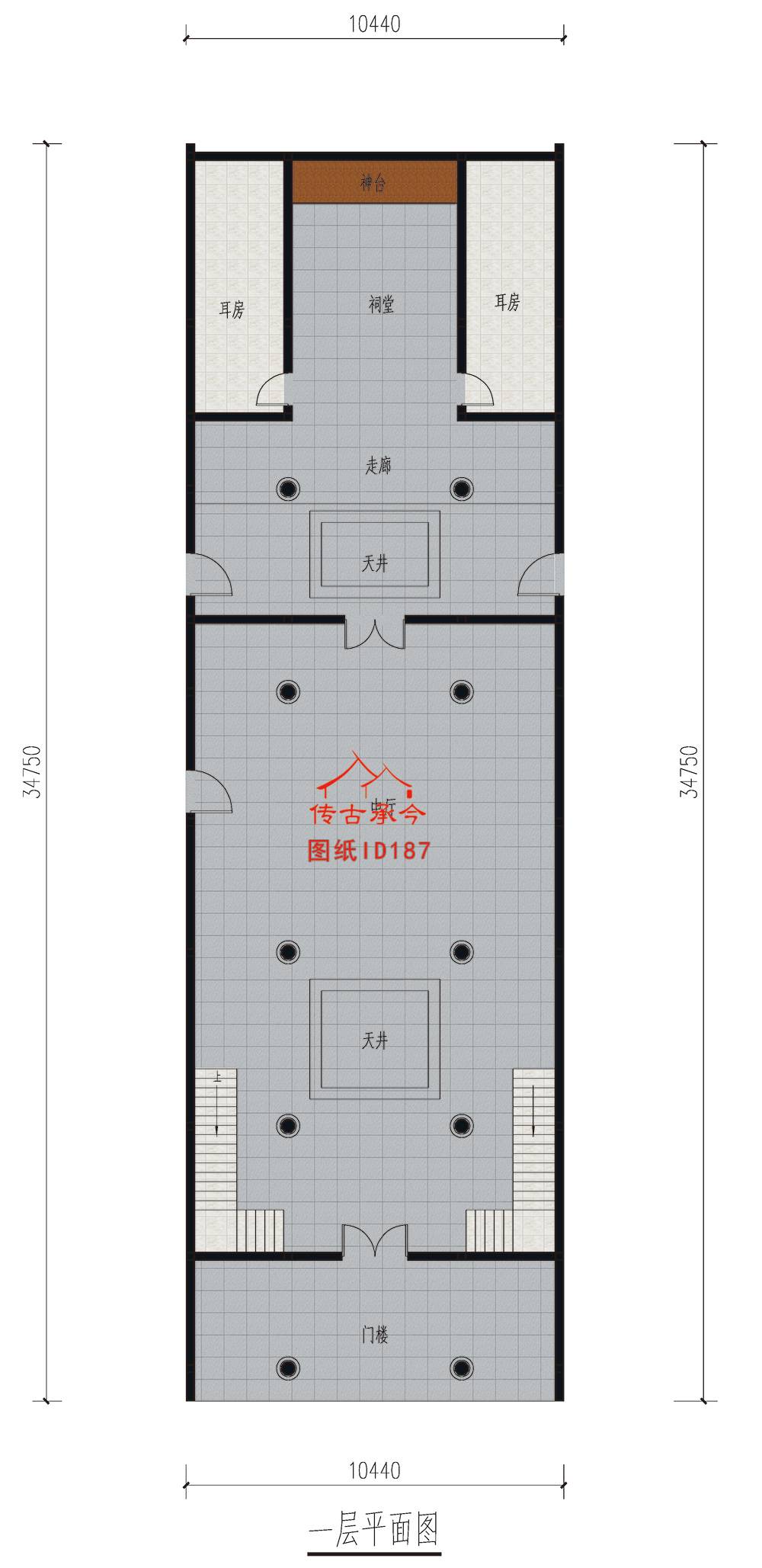 三開間二進(jìn)祠堂一層平面布局