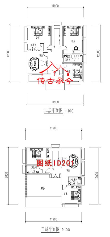 新中式別墅二層平面圖，三層平面圖