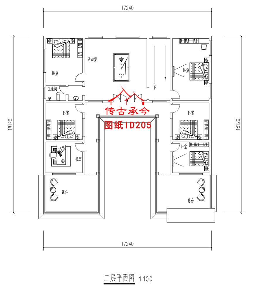 連體三合院別墅二層平面圖