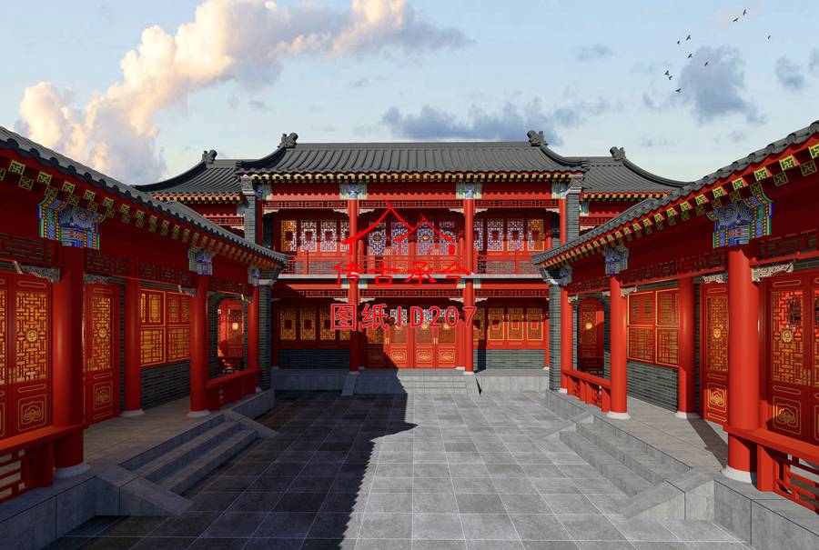 中式三合院院內(nèi)設(shè)計效果圖
