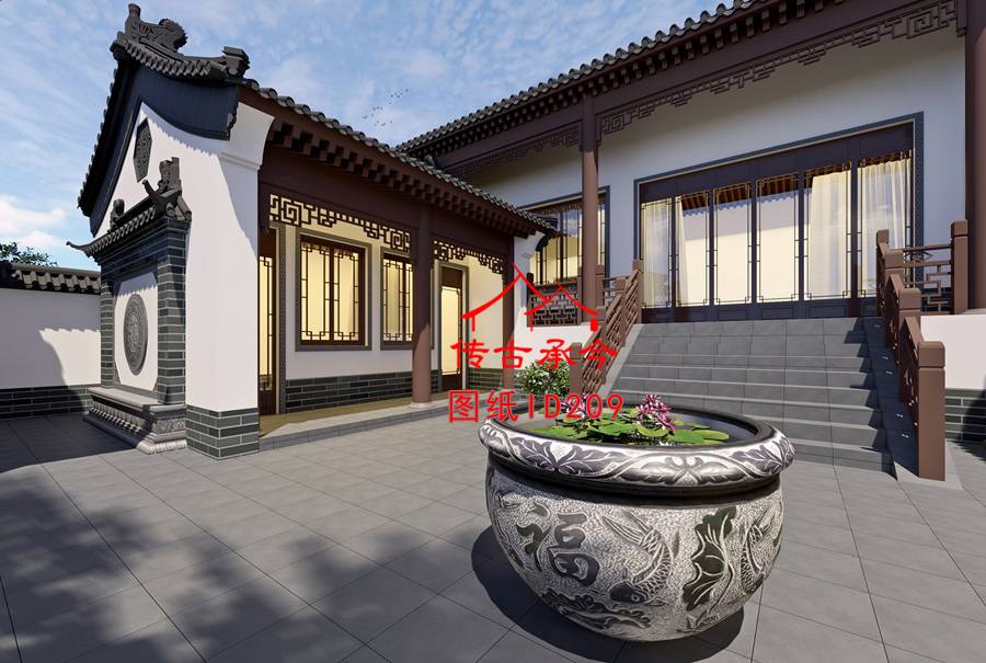 三合院農(nóng)村自建房院內(nèi)效果圖