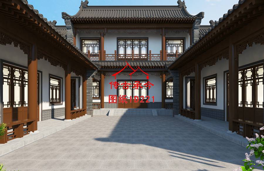 新中式農(nóng)村自建房三合院院內(nèi)效果圖設(shè)計(jì)