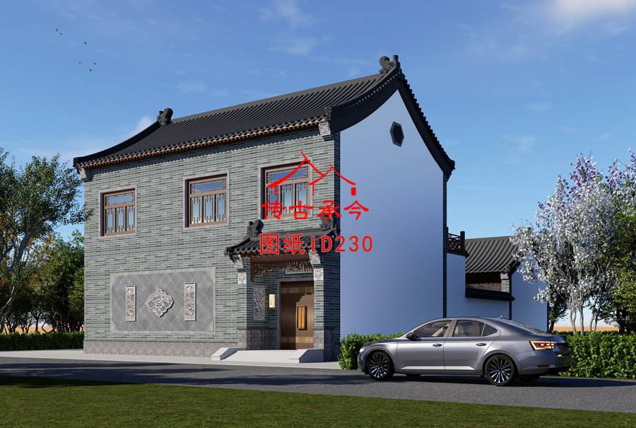 青磚貼片倒坐房二層帶門(mén)樓效果圖