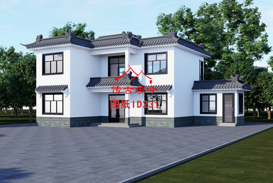 新中式二層平屋面外觀效果圖