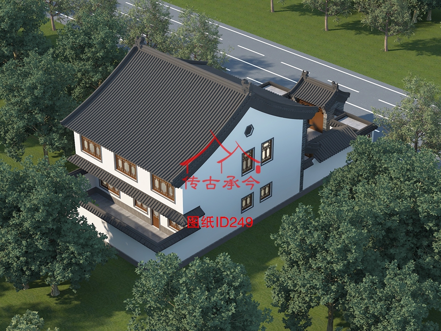 二層白墻新中式鳥瞰圖