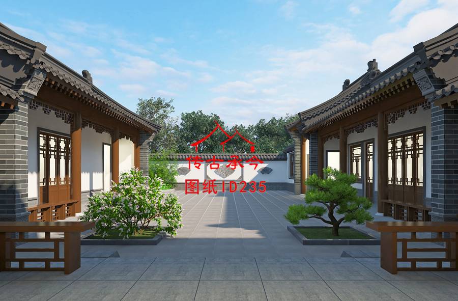 院內(nèi)青磚白墻庭院布置效果圖