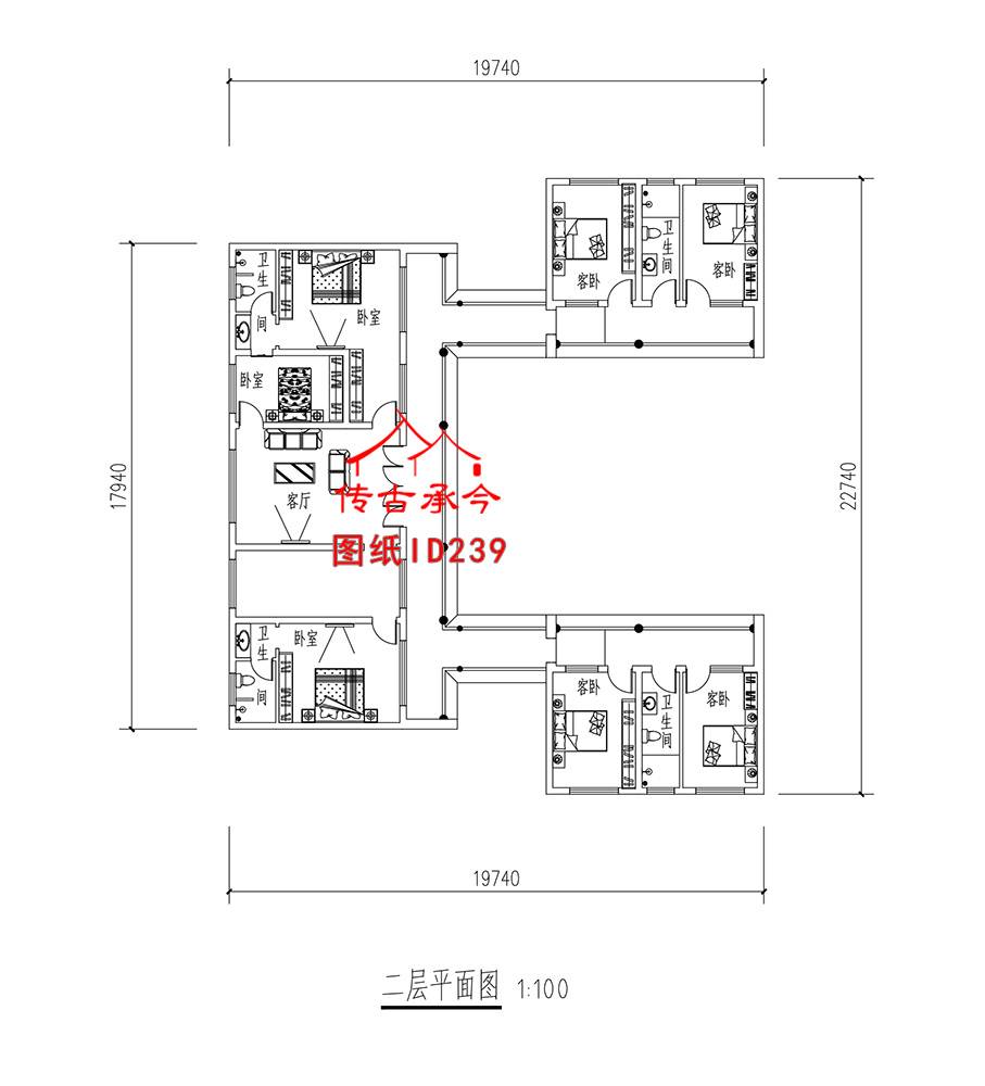 二層仿古建筑三合院連接平面布置圖