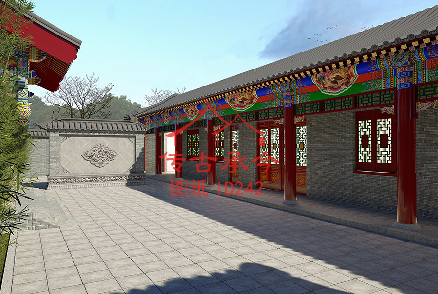 傳統(tǒng)彩繪青磚帶廊一層四合院效果圖
