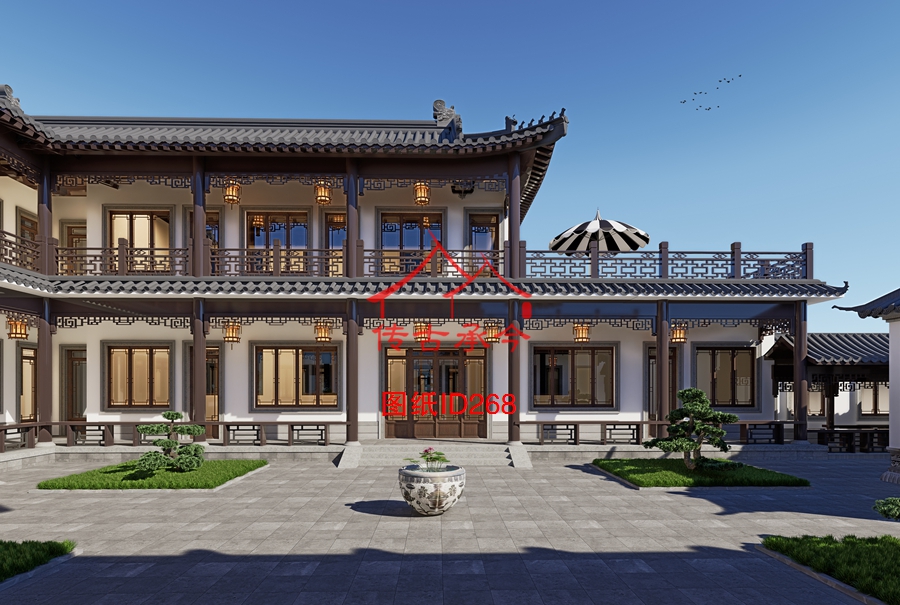 四合院二層新中式露臺院內景觀效果圖