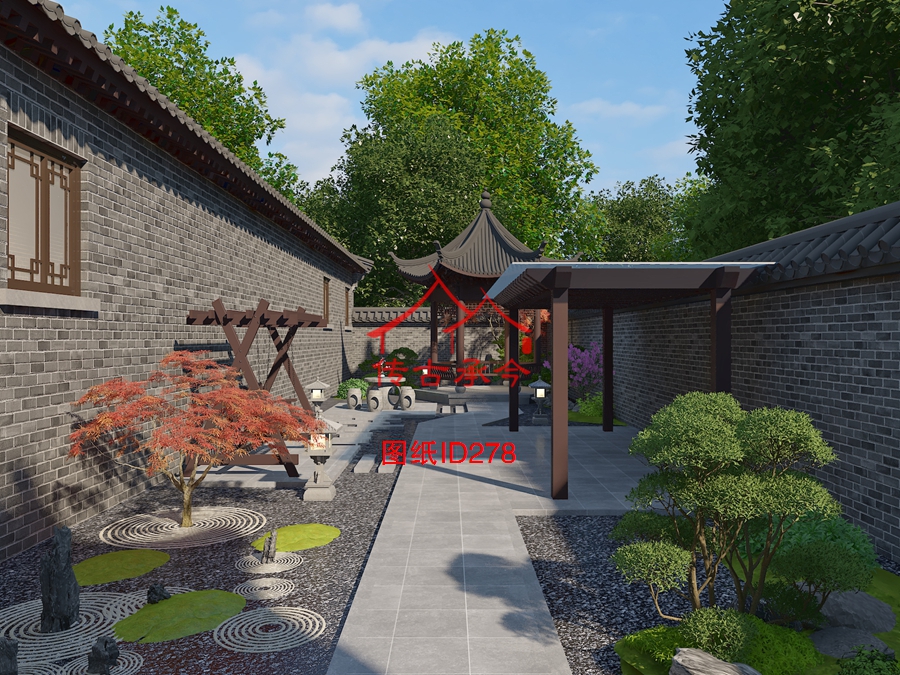 四合院古建設(shè)計院內(nèi)涼亭效果圖 