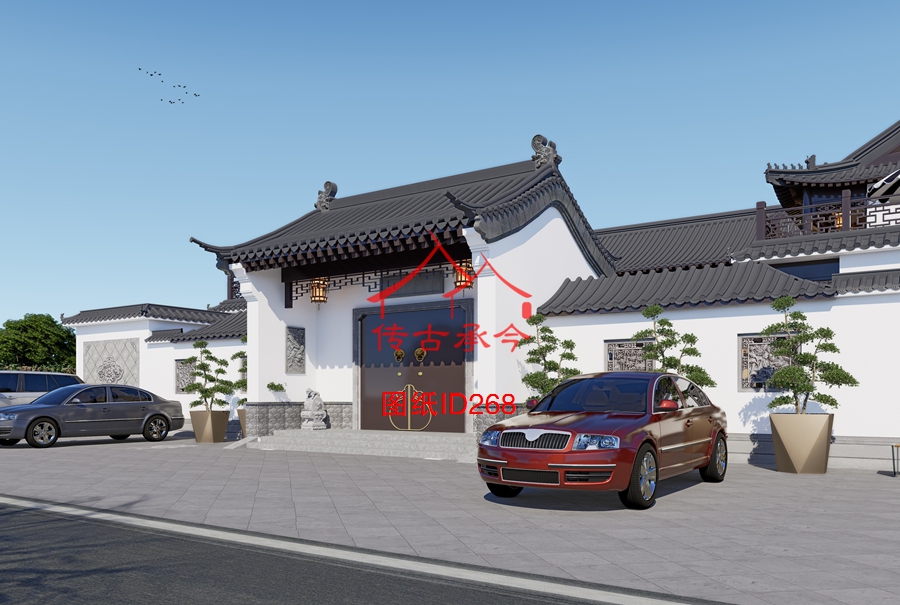 大開間大門白墻外立面正面圖