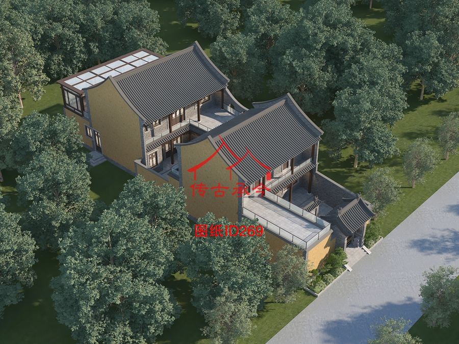 黃色墻體四合院陽(yáng)光房仿古建筑效果圖