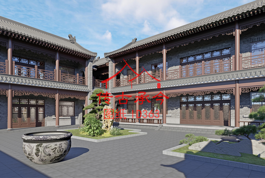 主房二層廂房二層青磚灰瓦風(fēng)格中式風(fēng)格院子效果圖