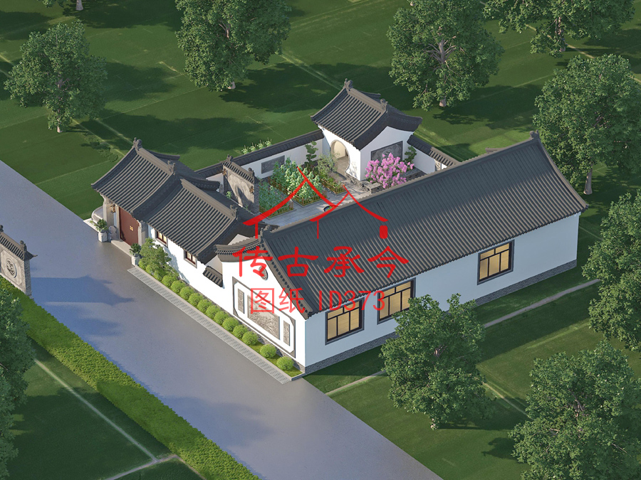 新中式風(fēng)格三合院鳥瞰效果圖