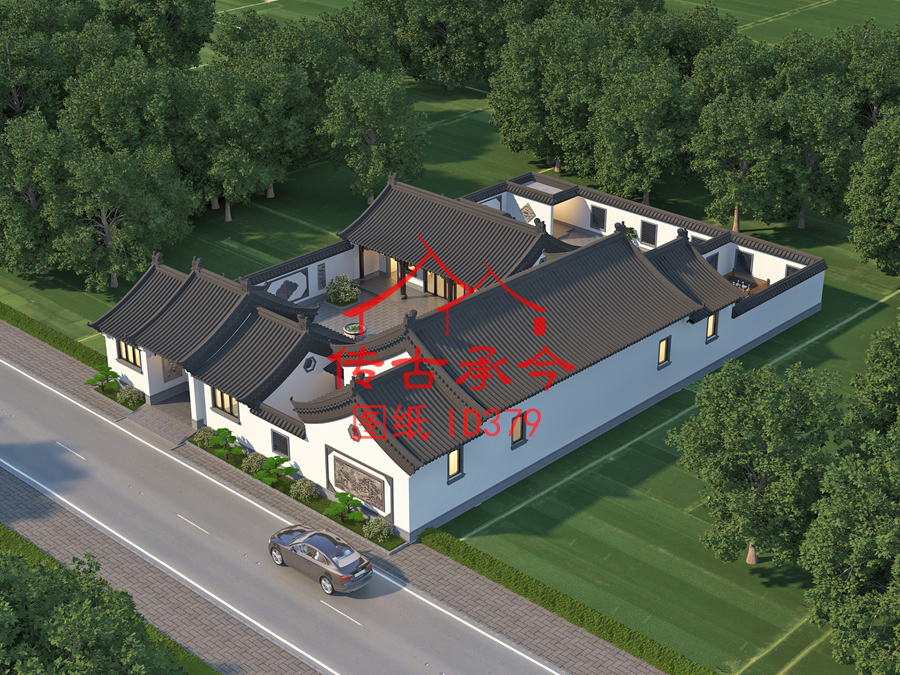 新中式風(fēng)格三合院鳥(niǎo)瞰效果圖