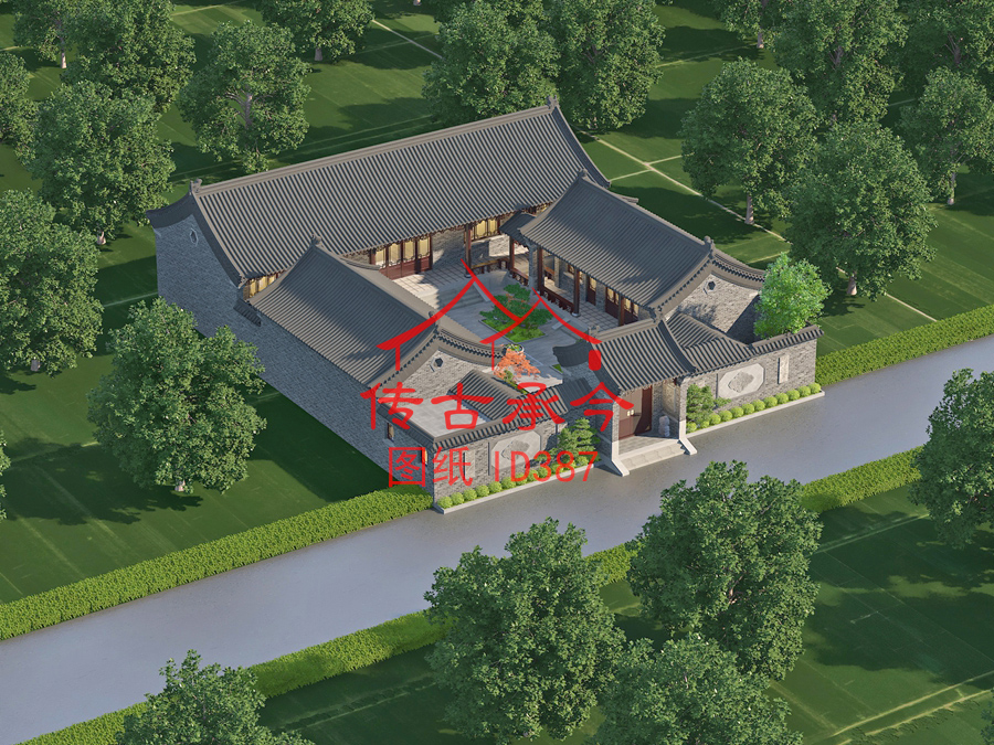 青磚風(fēng)格小型三合院鳥(niǎo)瞰效果圖