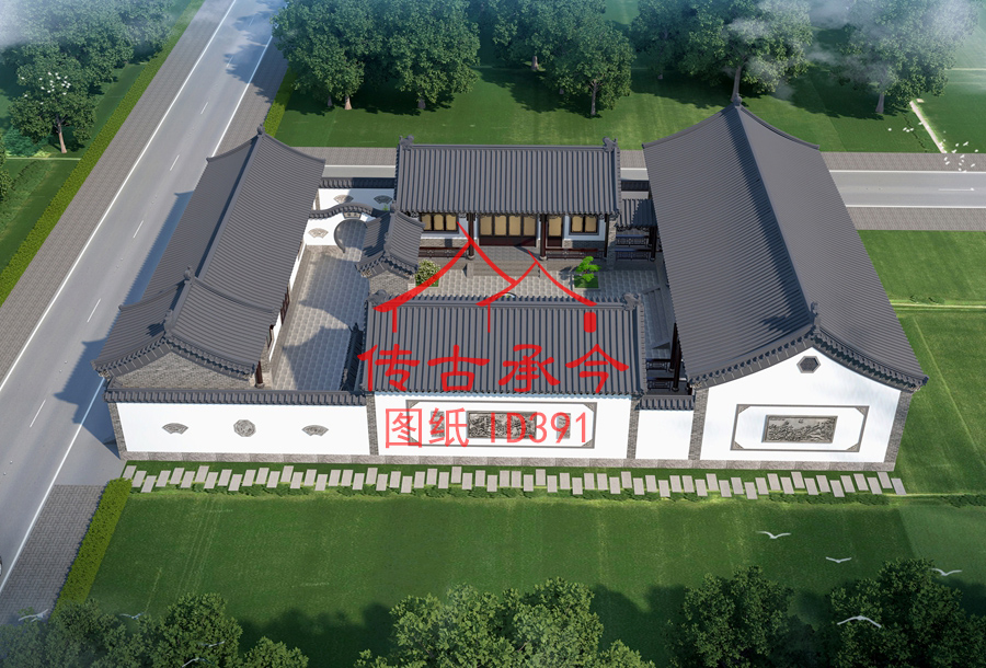 新中式二進(jìn)四合院鳥(niǎo)瞰效果圖