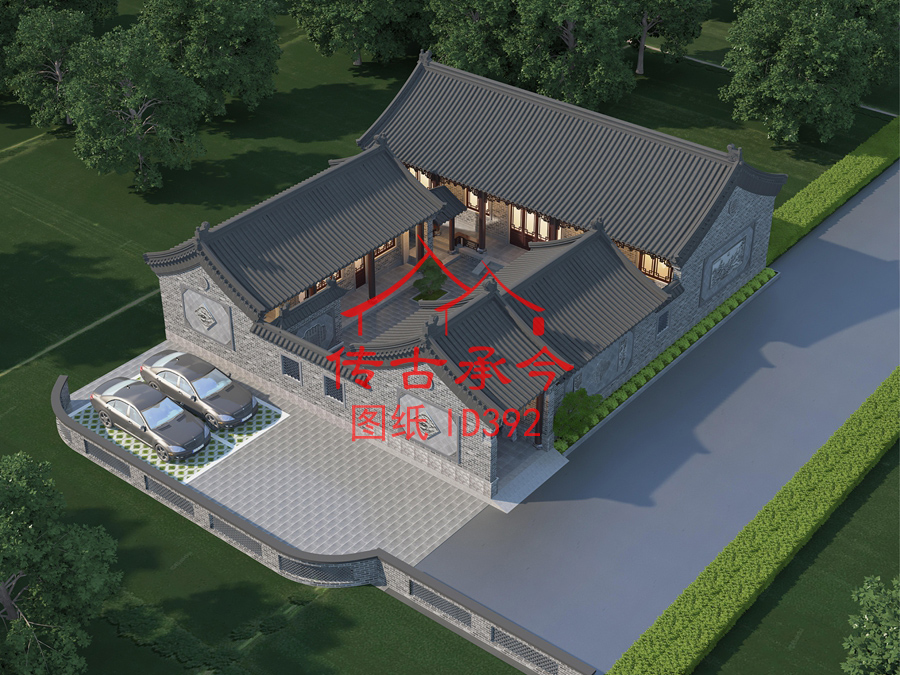 青磚風(fēng)格三合院鳥(niǎo)瞰效果圖