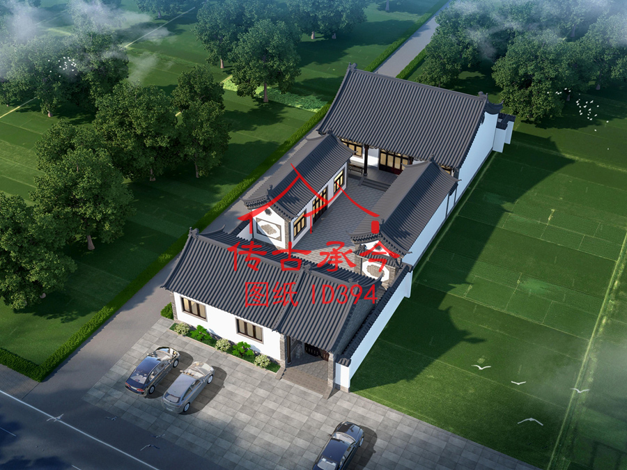 白墻灰瓦新中式四合院鳥(niǎo)瞰效果圖 