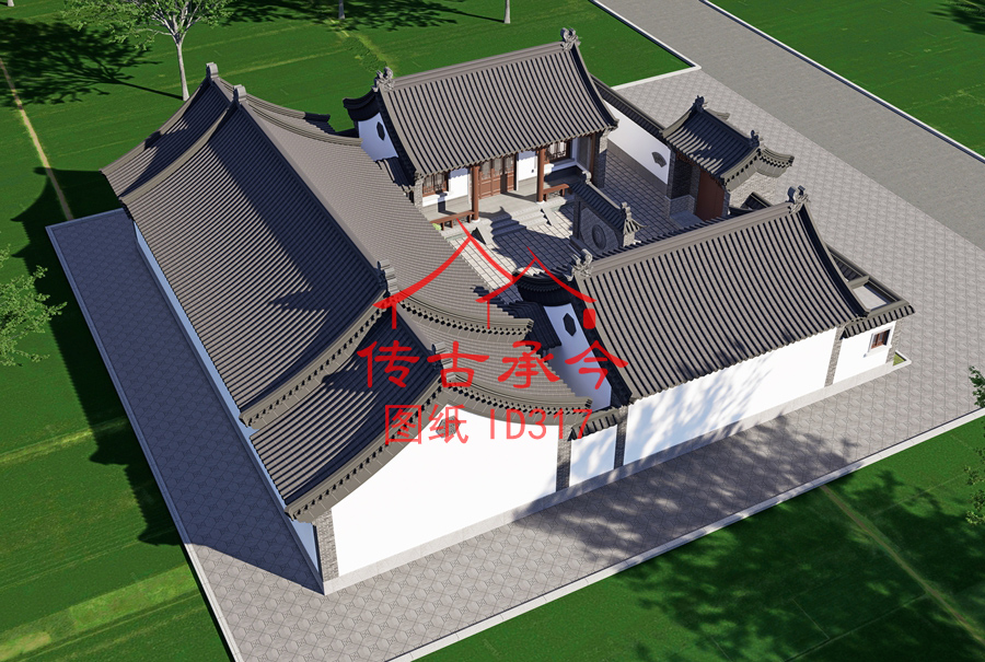 白墻灰瓦三合院效果圖鳥瞰圖
