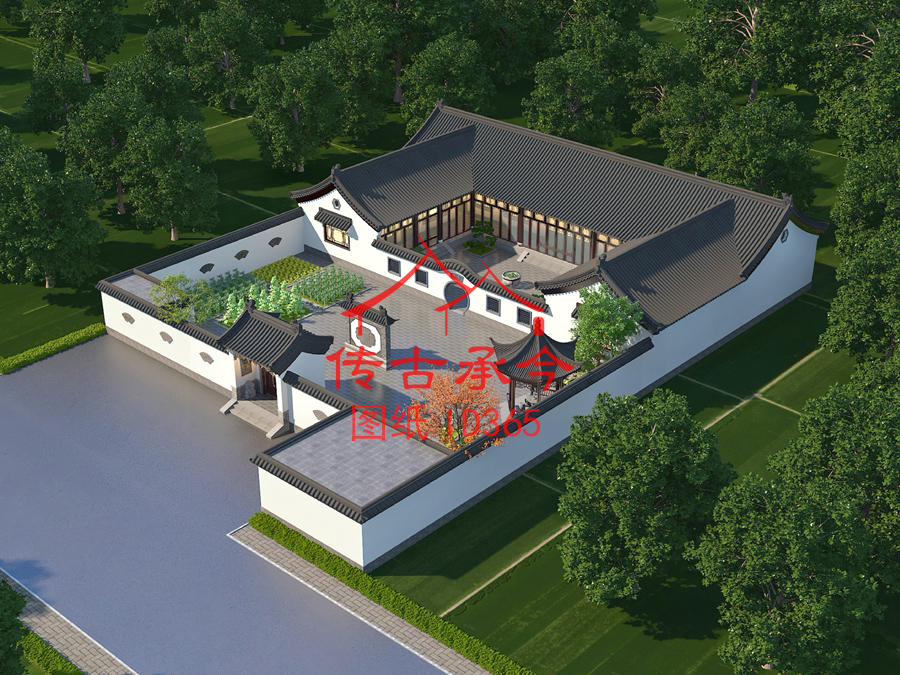 新中風格三合院院子綠化效果圖