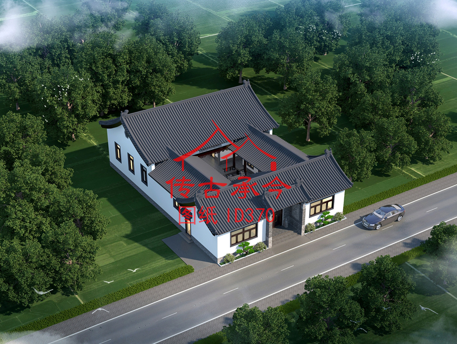 小型白墻灰瓦四合院鳥瞰效果圖