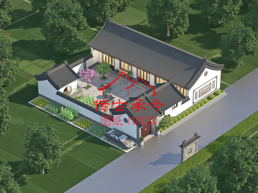 白墻灰瓦新中式風(fēng)格一層三合院效果圖