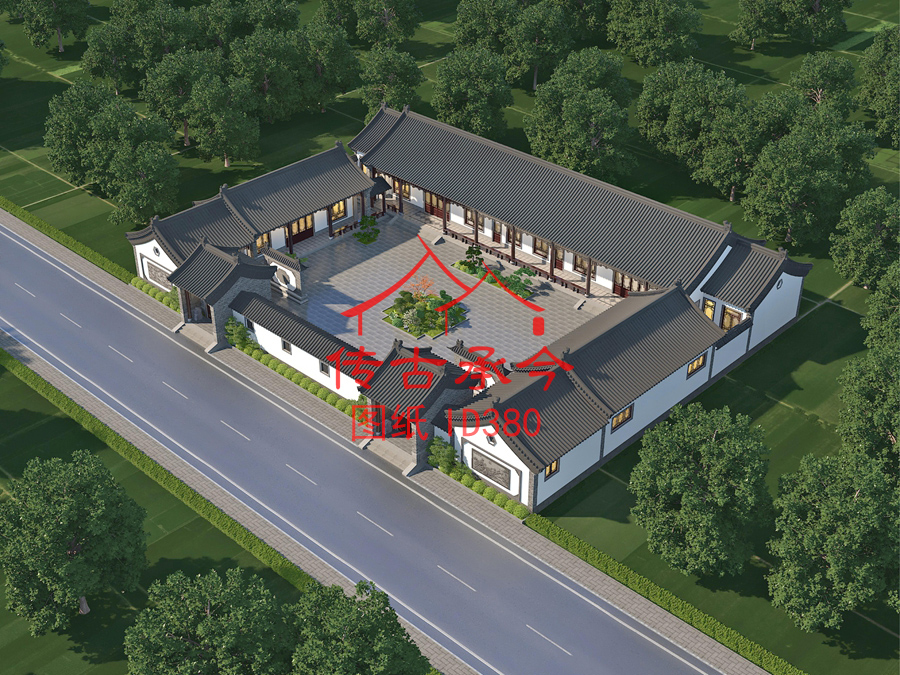 新中式風(fēng)格三合院主房一層效果圖