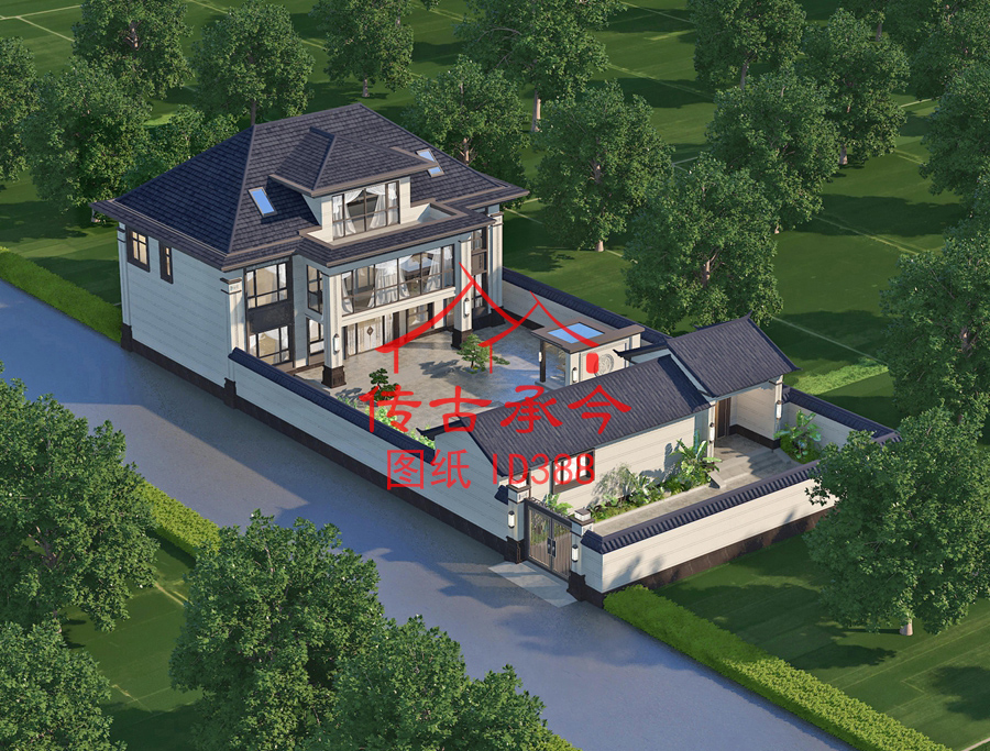 新中式別墅鳥(niǎo)瞰效果圖