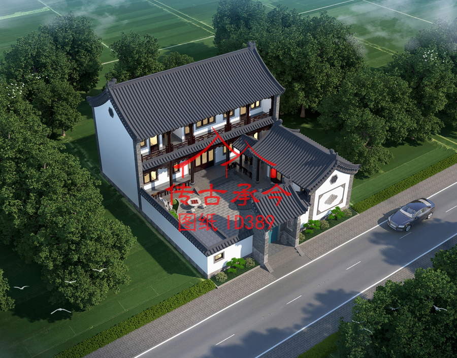 新中式風(fēng)格主房二層鳥(niǎo)瞰效果圖