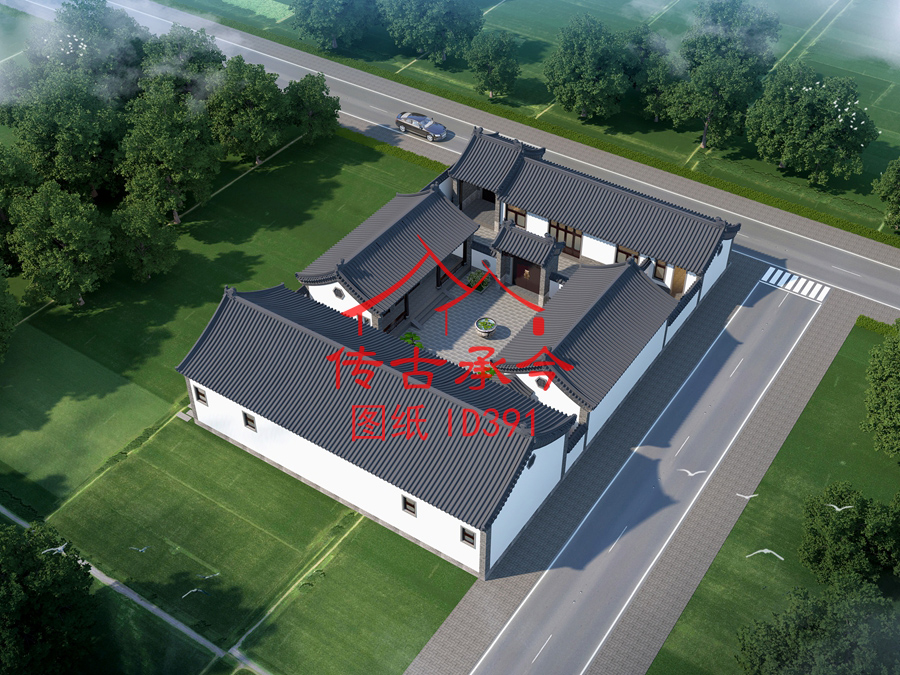 白墻灰瓦四合院效果圖