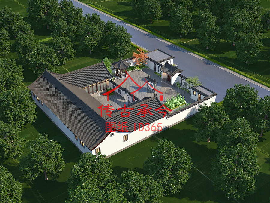 白墻灰瓦風格三合院效果圖