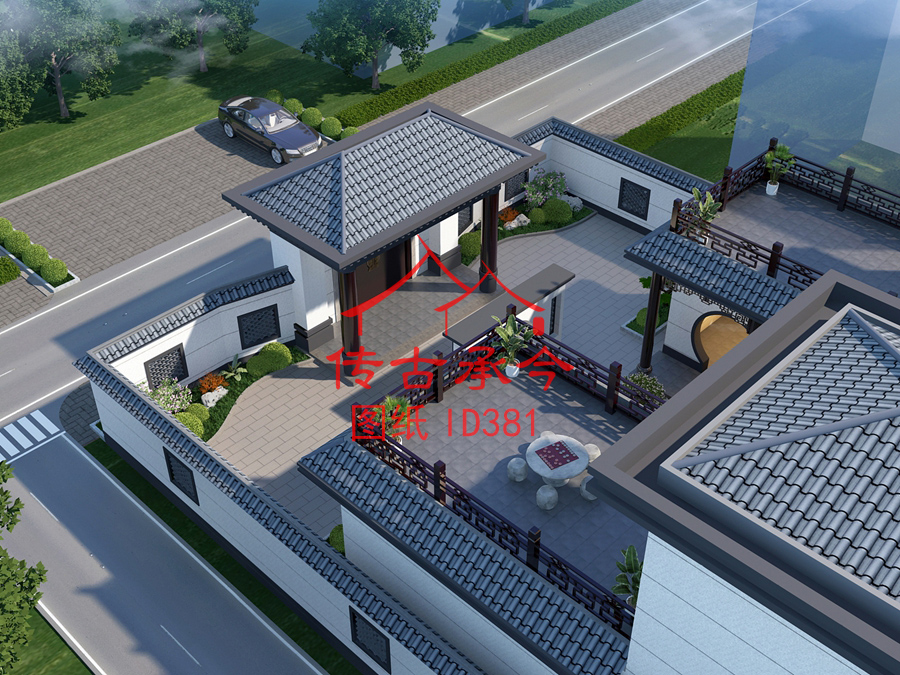 新中式別墅鳥瞰效果圖