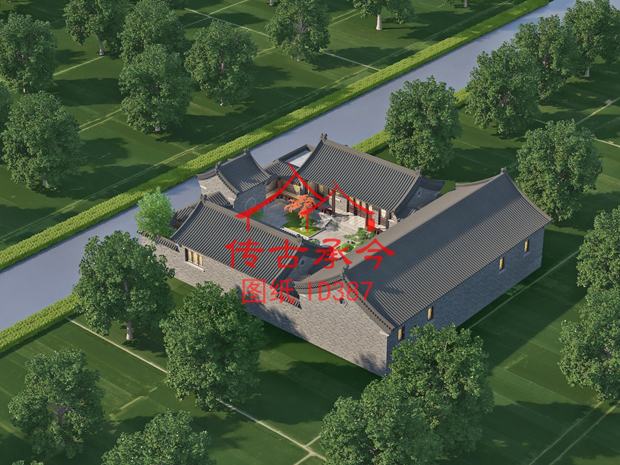 青磚風(fēng)格小型三合院鳥(niǎo)瞰效果圖