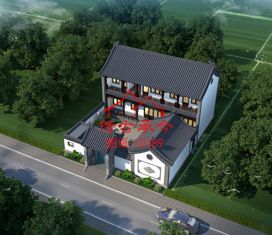 白墻灰瓦風(fēng)格主房二層鳥(niǎo)瞰效果圖