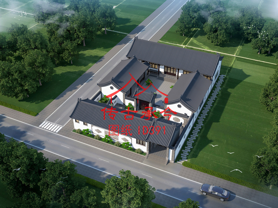 新中式四合院主房一層廂房一層鳥(niǎo)瞰效果圖